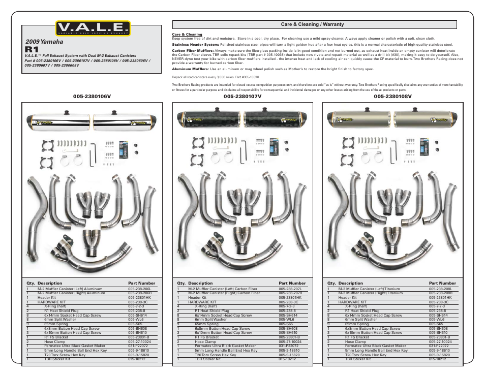 V.a.l.e, 2009 yamaha | Two Brothers Racing Yamaha R1 User Manual | Page 3 / 3