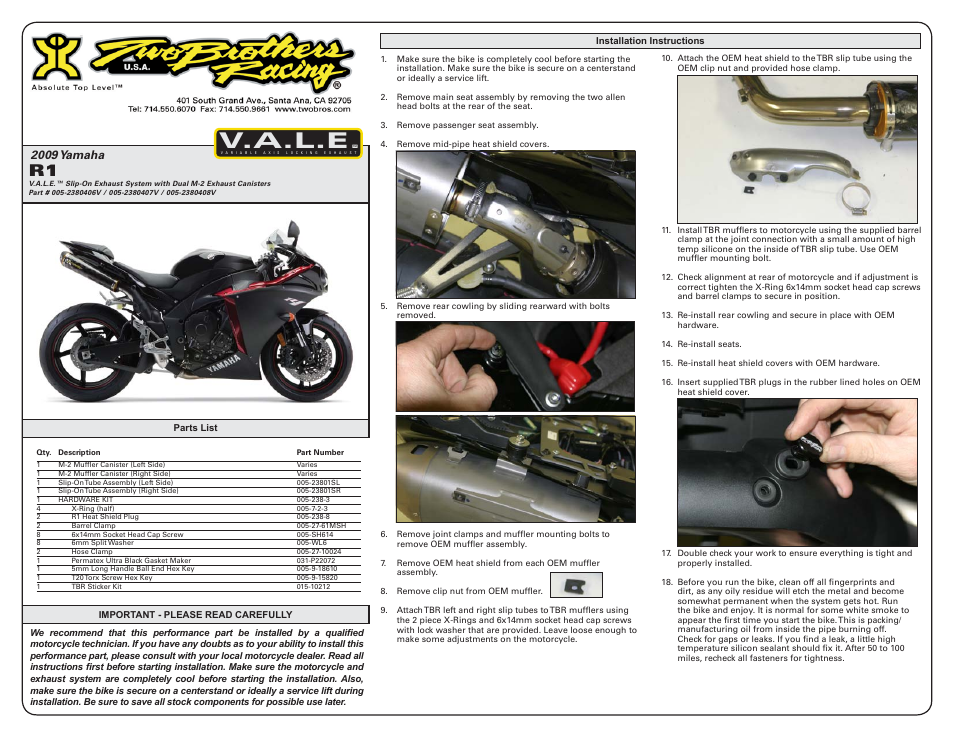 Two Brothers Racing Yamaha R1 User Manual | 2 pages