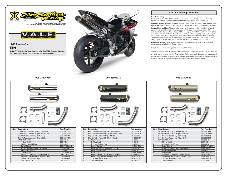 V.a.l.e, 2009 yamaha | Two Brothers Racing Yamaha R1 User Manual | Page 2 / 2