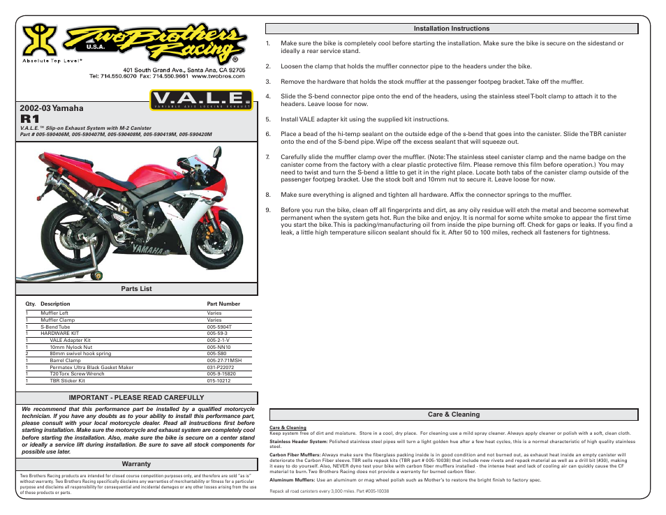 Two Brothers Racing Yamaha R1 User Manual | 1 page