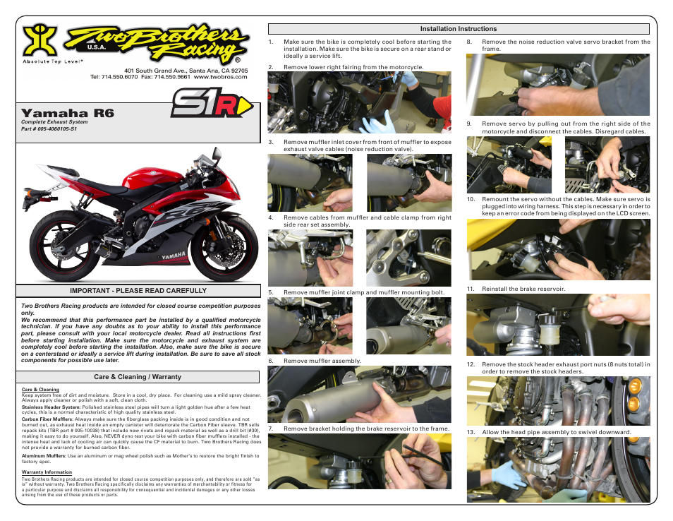 Two Brothers Racing Yamaha R6 User Manual | 2 pages