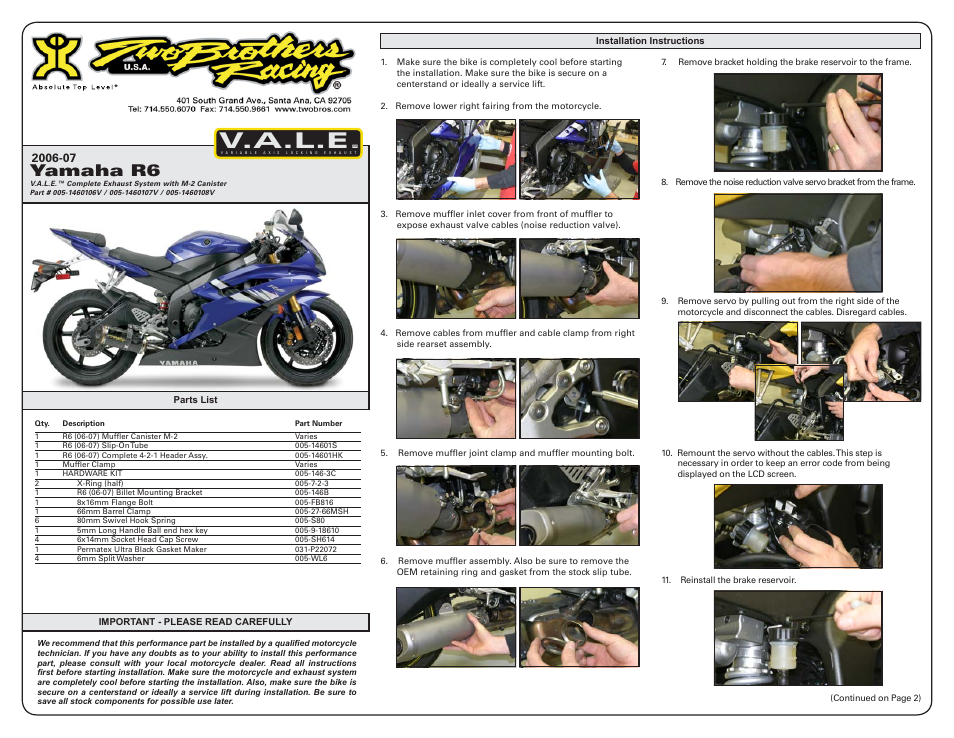 Two Brothers Racing Yamaha R6 User Manual | 3 pages