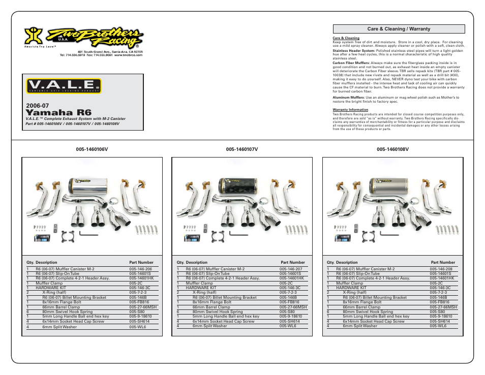 V.a.l.e, Yamaha r6 | Two Brothers Racing Yamaha R6 User Manual | Page 3 / 3