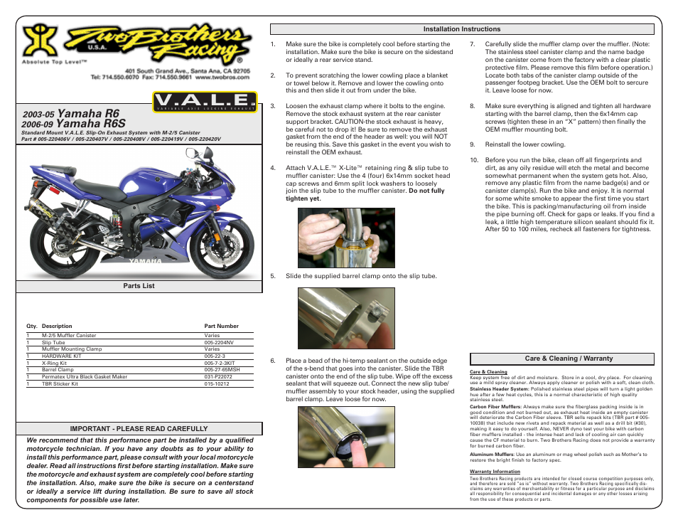 Two Brothers Racing Yamaha R6S User Manual | 2 pages