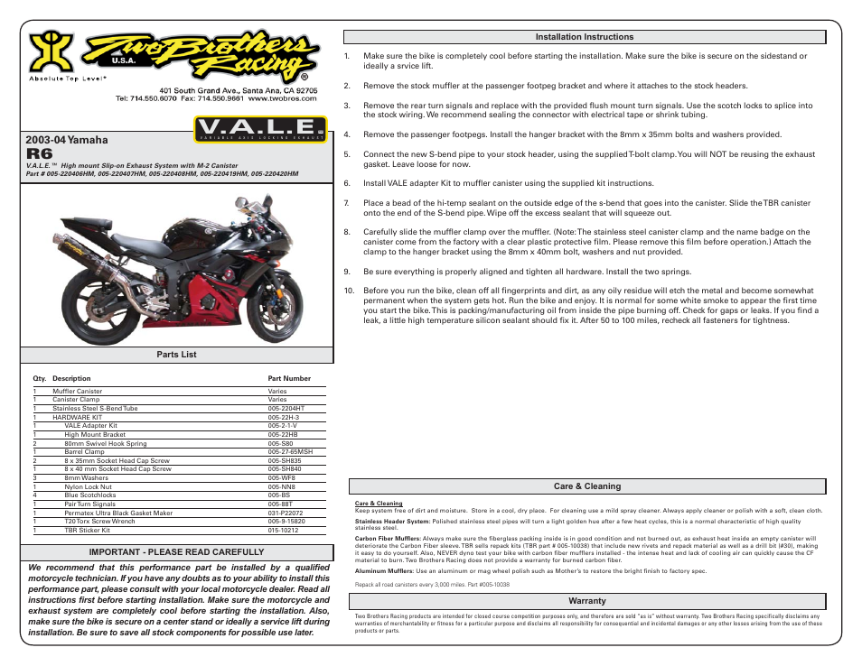 Two Brothers Racing Yamaha R6S User Manual | 1 page