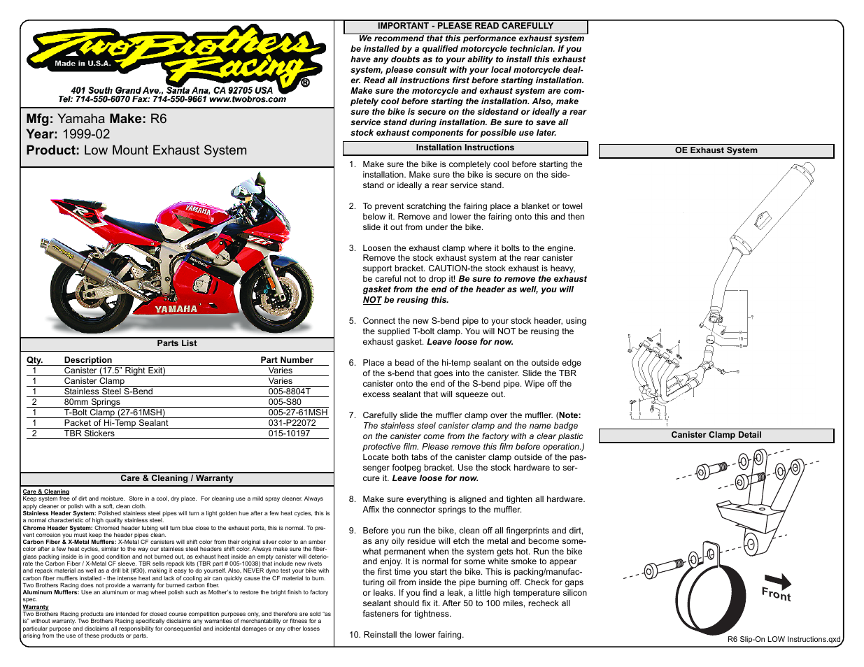 Two Brothers Racing Yamaha R6 User Manual | 1 page