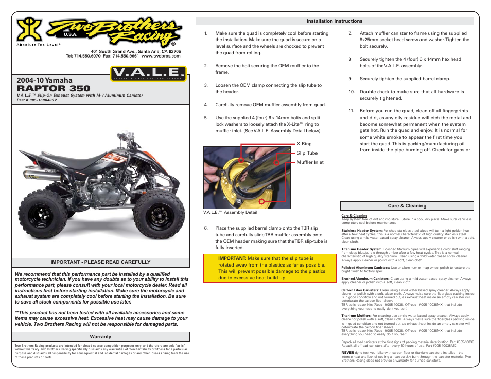 Two Brothers Racing Yamaha Raptor 350 User Manual | 2 pages