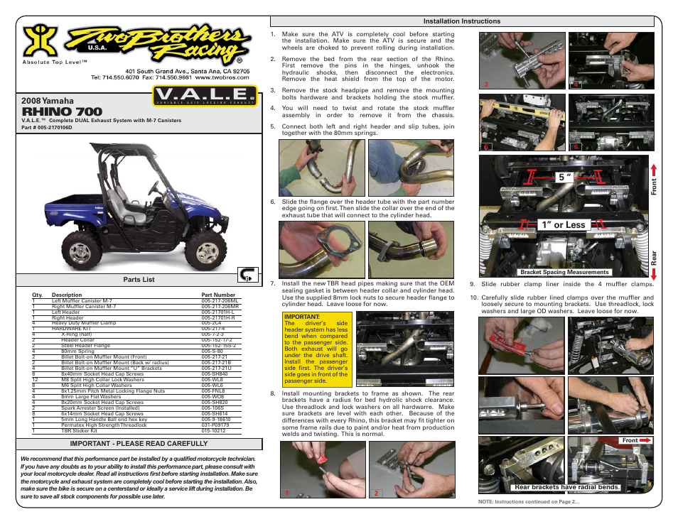 Two Brothers Racing Yamaha Rhino User Manual | 2 pages