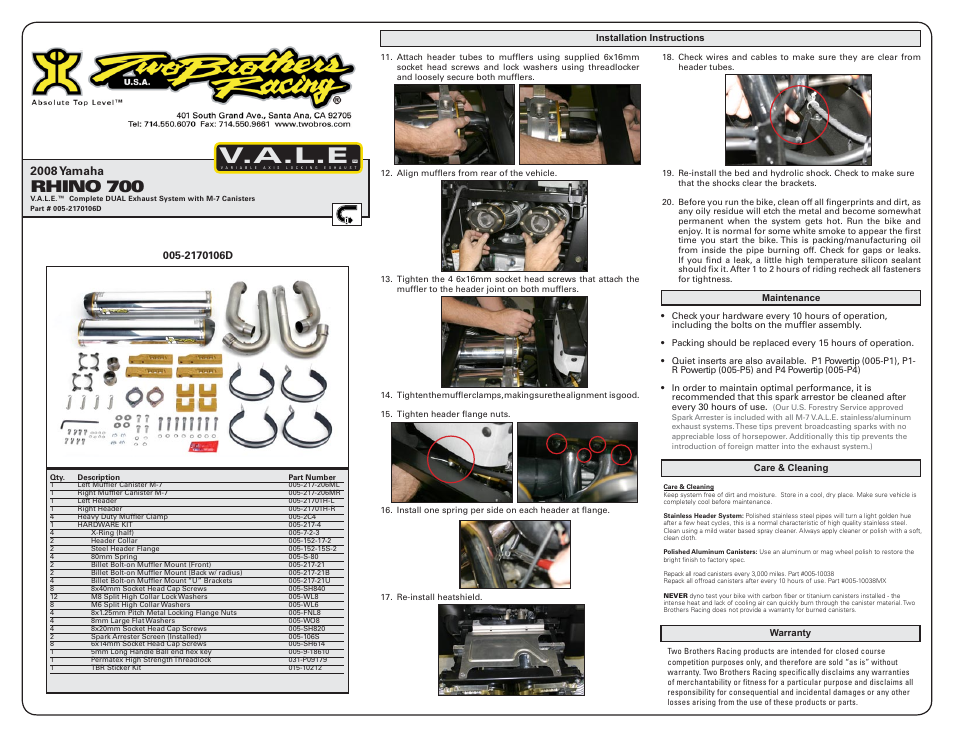 V.a.l.e, Rhino 700, 2008 yamaha | Two Brothers Racing Yamaha Rhino User Manual | Page 2 / 2