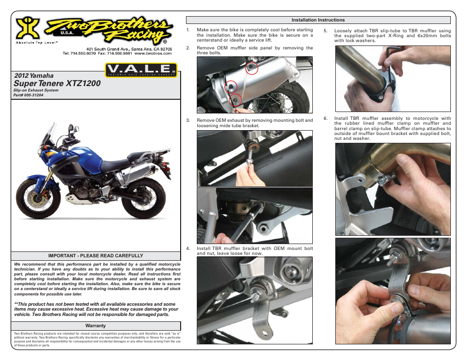 Two Brothers Racing Yamaha Super Tenere/XTZ1200 User Manual | 2 pages