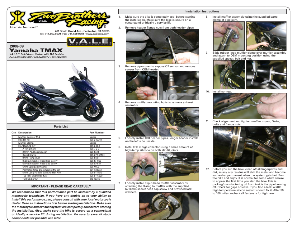 Two Brothers Racing Yamaha T-MAX 500 User Manual | 2 pages