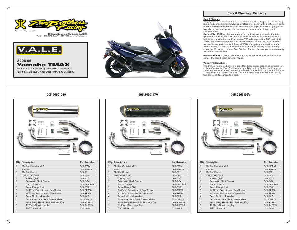 V.a.l.e, Yamaha tmax | Two Brothers Racing Yamaha T-MAX 500 User Manual | Page 2 / 2