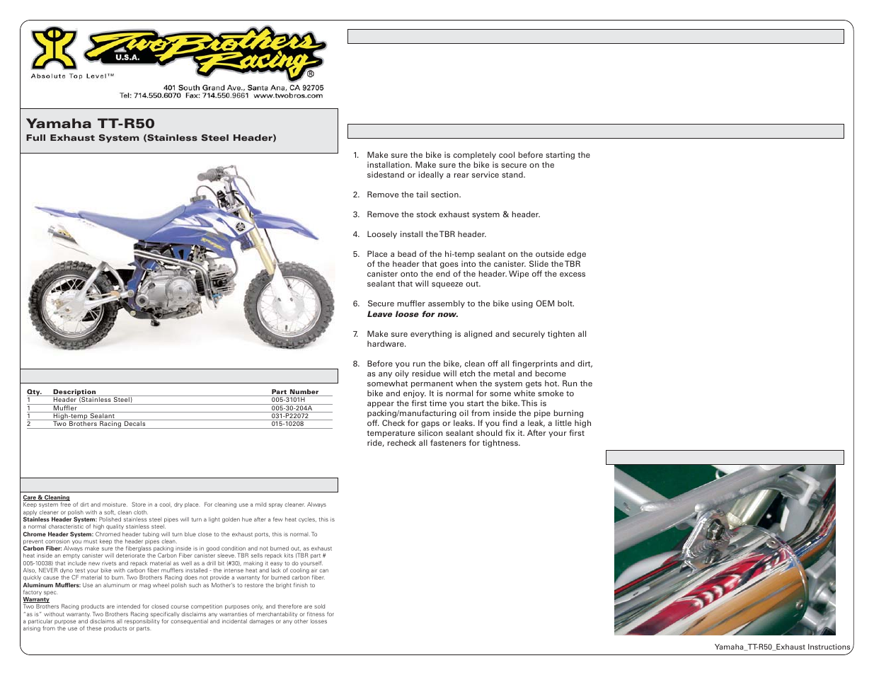 Two Brothers Racing Yamaha TTR50 User Manual | 1 page