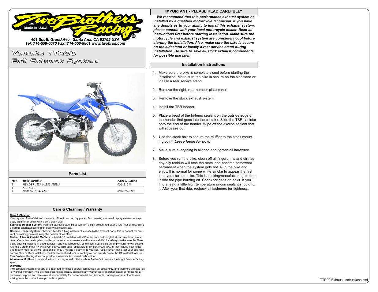 Two Brothers Racing Yamaha TTR90 User Manual | 1 page