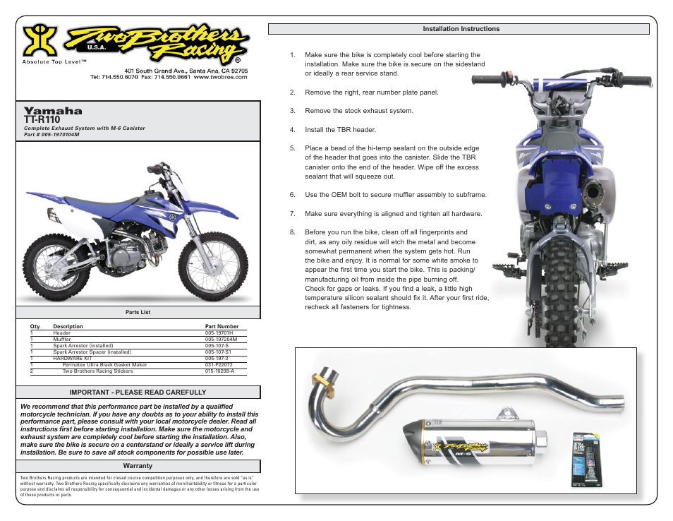 Two Brothers Racing Yamaha TTR110 User Manual | 1 page