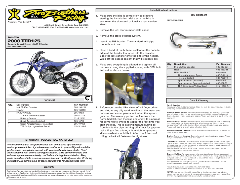 Two Brothers Racing Yamaha TTR125 User Manual | 1 page