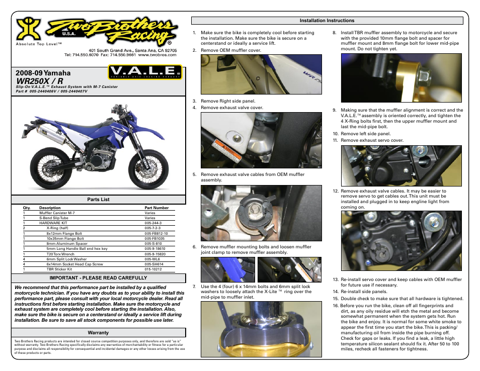 Two Brothers Racing Yamaha WR250X User Manual | 2 pages