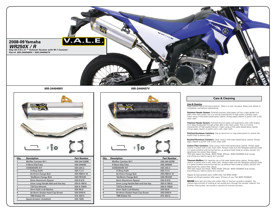 V.a.l.e, Wr250x / r | Two Brothers Racing Yamaha WR250X User Manual | Page 2 / 2