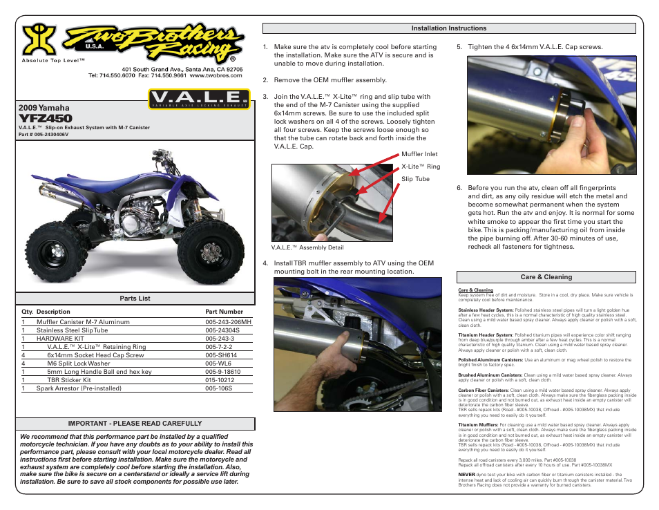 Two Brothers Racing Yamaha YFZ450R/X (Quad) User Manual | 2 pages