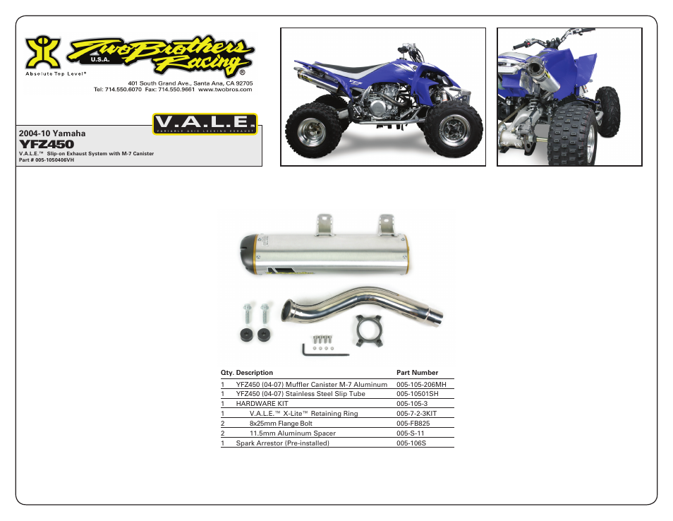 V.a.l.e, Yfz450 | Two Brothers Racing Yamaha YFZ450 (Quad) User Manual | Page 2 / 2