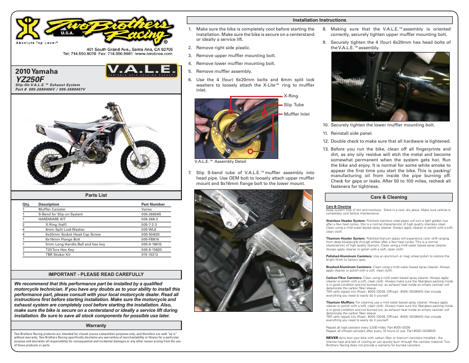 Two Brothers Racing Yamaha YZ250F (WR250) User Manual | 2 pages