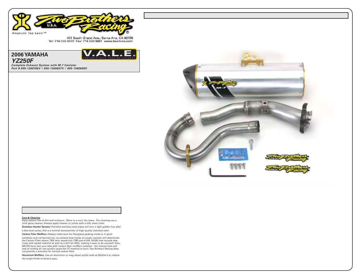 V.a.l.e, Yz250f, 2006 yamaha | Two Brothers Racing Yamaha YZ250F (WR250) User Manual | Page 2 / 3