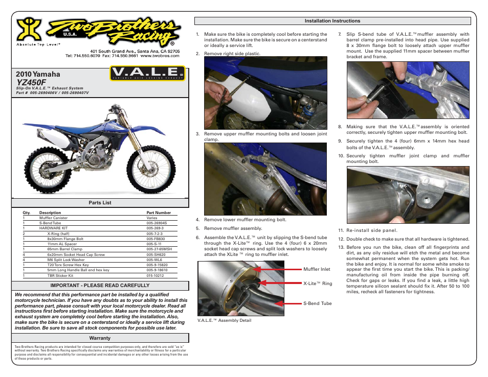 Two Brothers Racing Yamaha YZ450F (WR450) User Manual | 2 pages