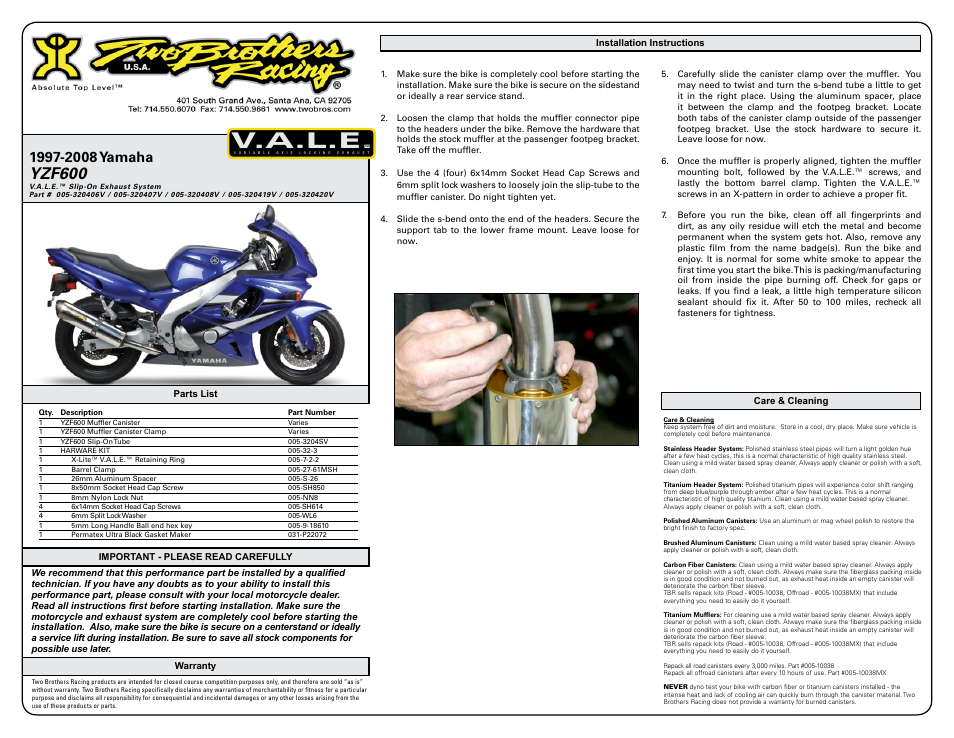 Two Brothers Racing Yamaha YZF600 User Manual | 2 pages