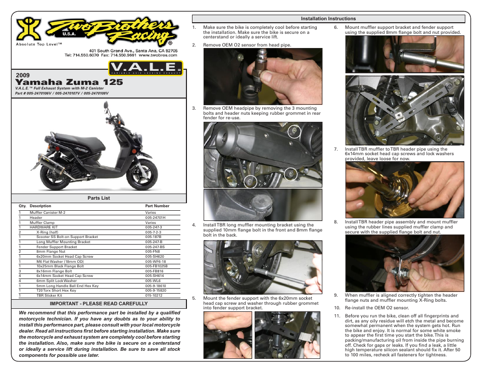 Two Brothers Racing Yamaha Zuma 125 User Manual | 2 pages