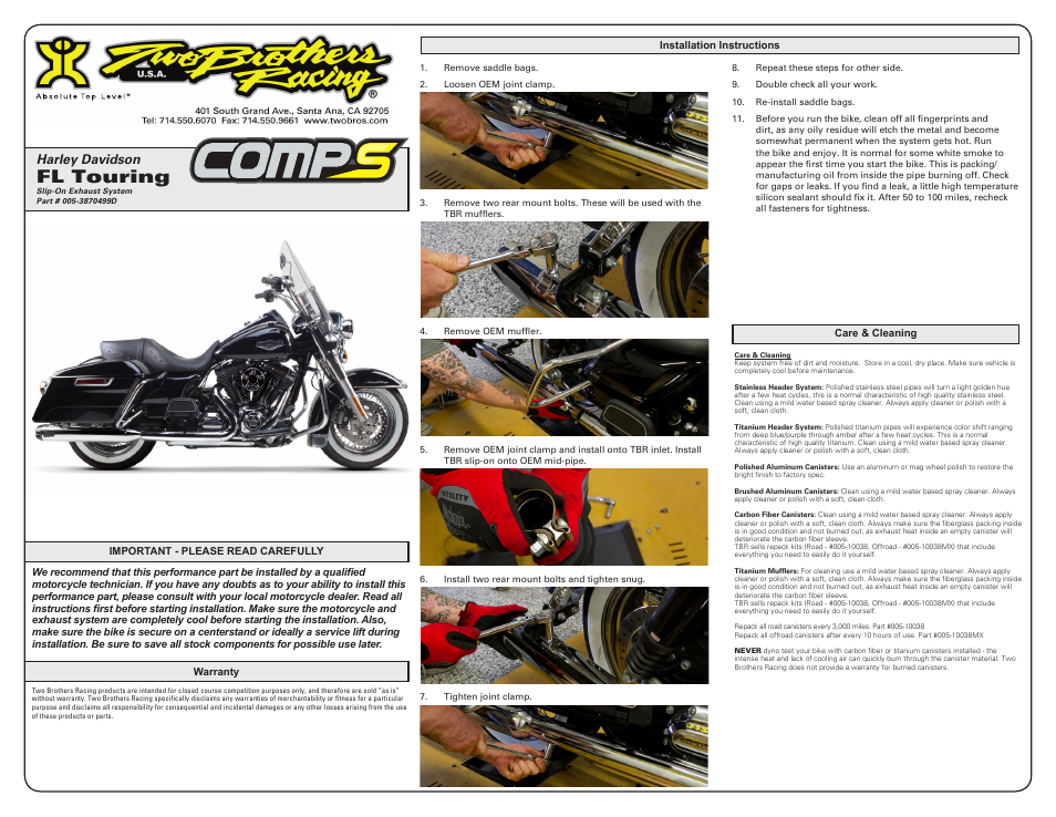 Two Brothers Racing Harley Davidson FL User Manual | 1 page