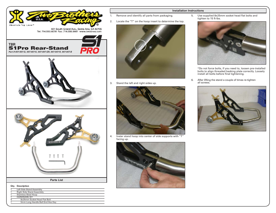 Two Brothers Racing S1 Pro User Manual | 1 page