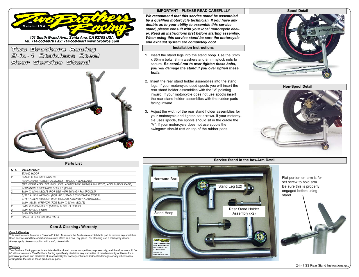 Two Brothers Racing 2 in 1 Rear Service Stand User Manual | 1 page