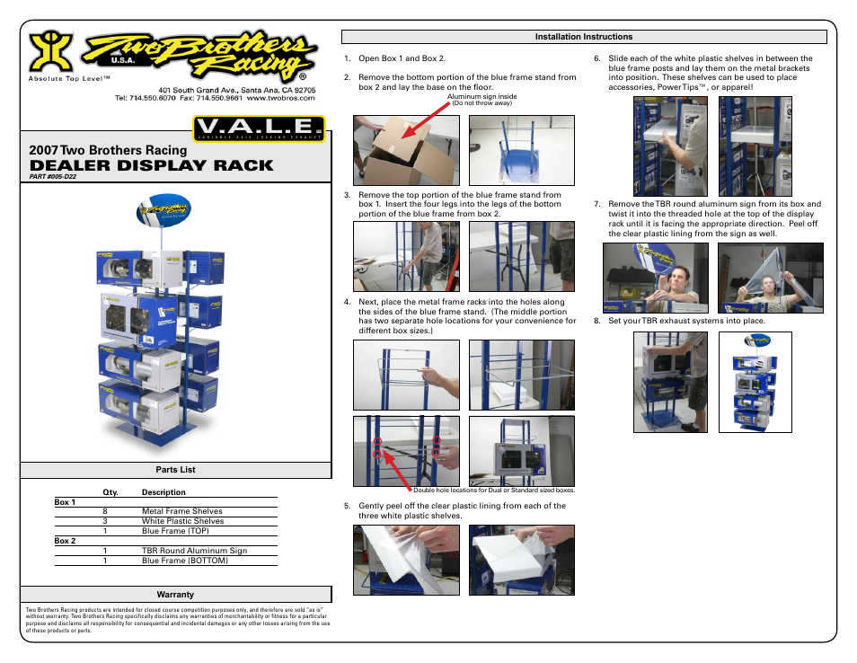 Two Brothers Racing Dealer Display User Manual | 2 pages