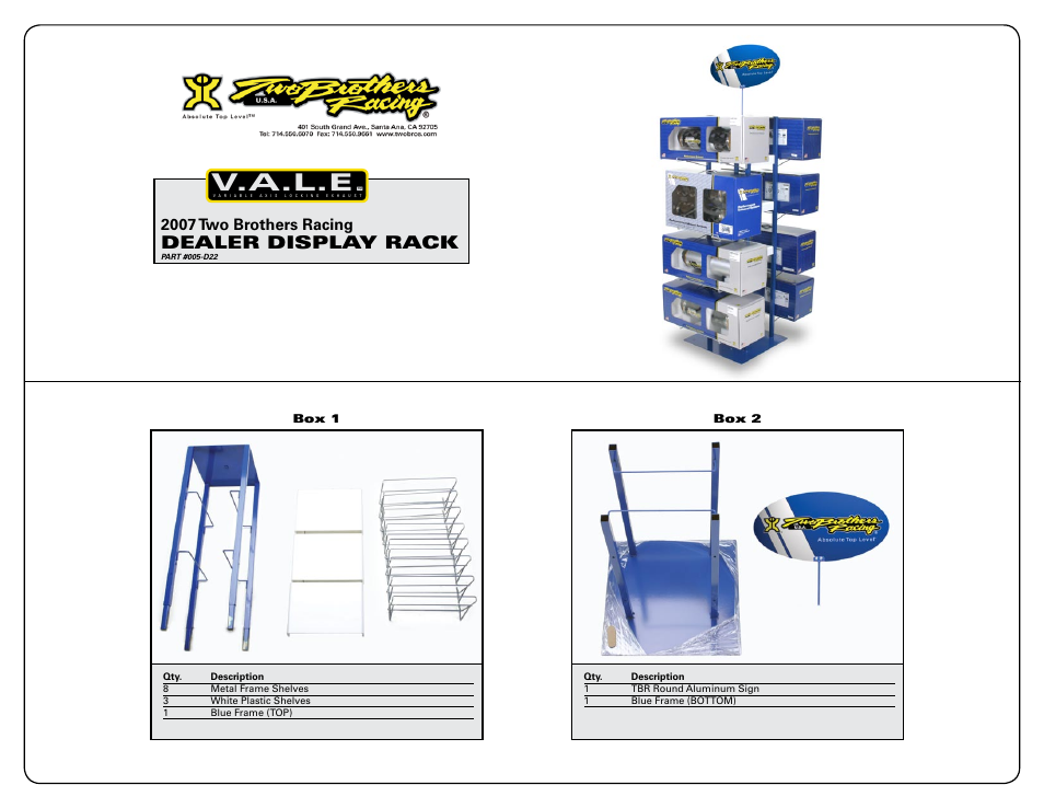 V.a.l.e, Dealer display rack, 2007 two brothers racing | Two Brothers Racing Dealer Display User Manual | Page 2 / 2