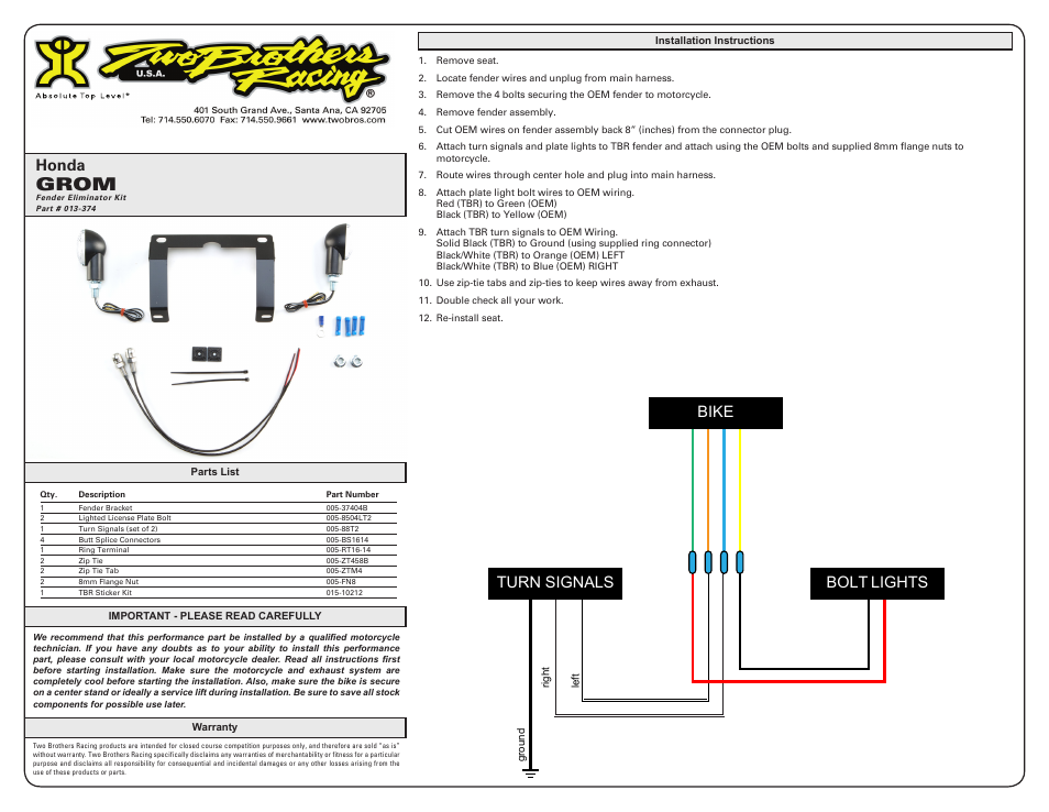 Two Brothers Racing Honda Grom User Manual | 1 page