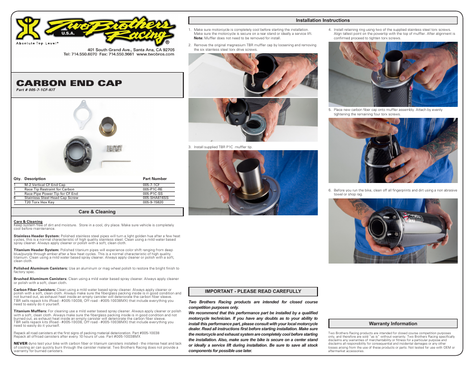 Two Brothers Racing Carbon End Cap 005-7-1CF-KIT for 005-P1C-SS Tip User Manual | 1 page