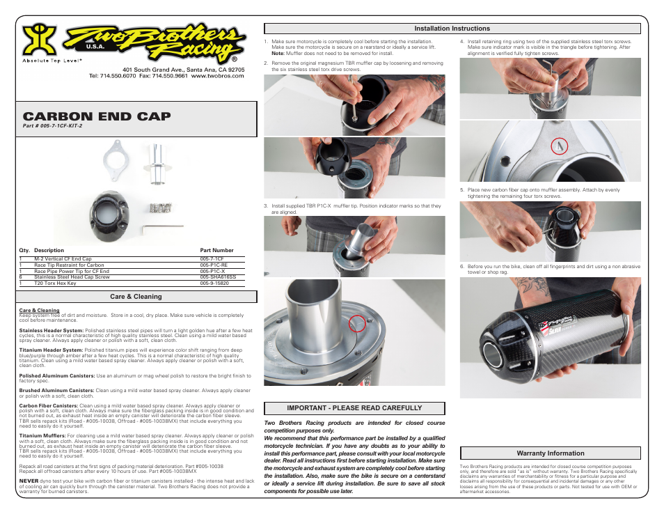 Two Brothers Racing Carbon End Cap 005-7-1CF-KIT for 005-P1C-X Tip User Manual | 1 page