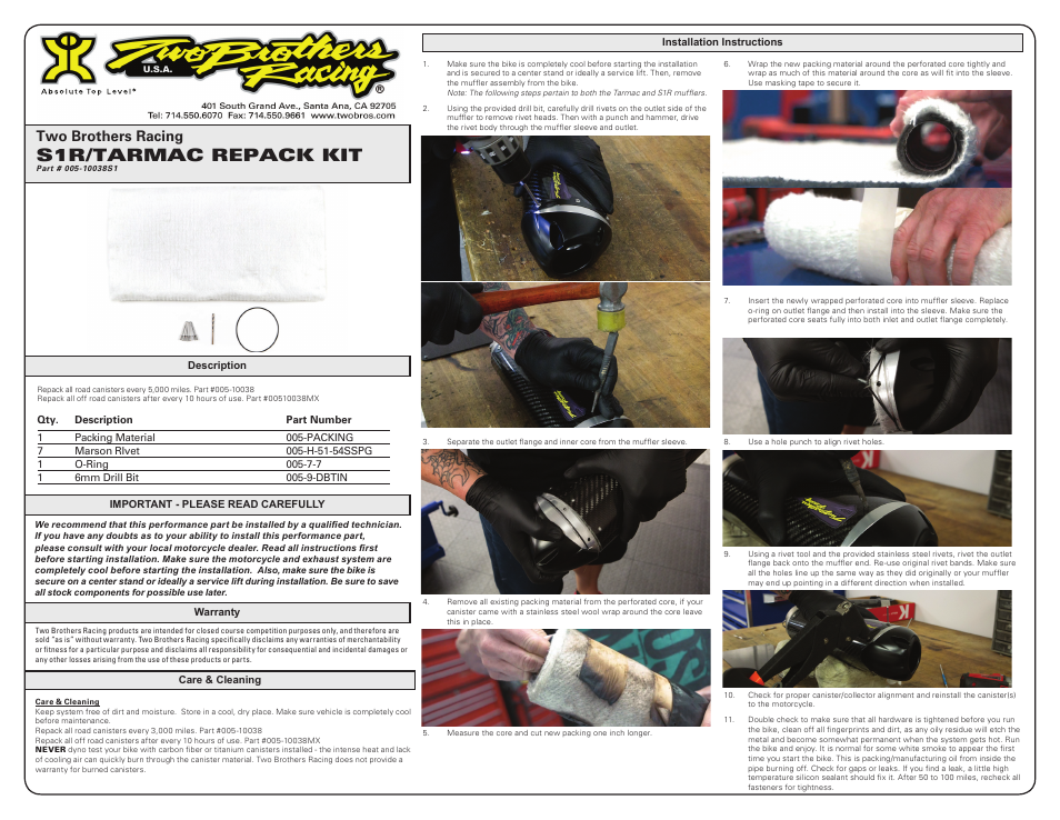 Two Brothers Racing S1R/Tarmac User Manual | 1 page