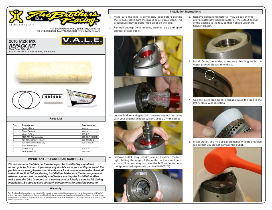 Two Brothers Racing M2R MX User Manual | 2 pages