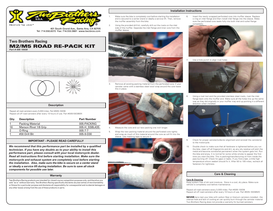 Two Brothers Racing ROAD User Manual | 1 page