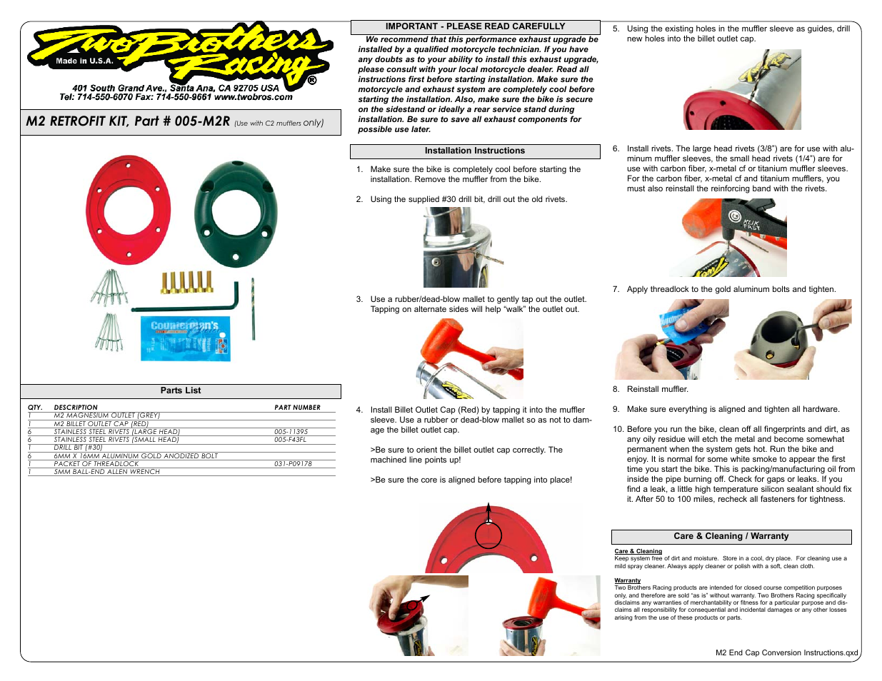 Two Brothers Racing M2 User Manual | 1 page