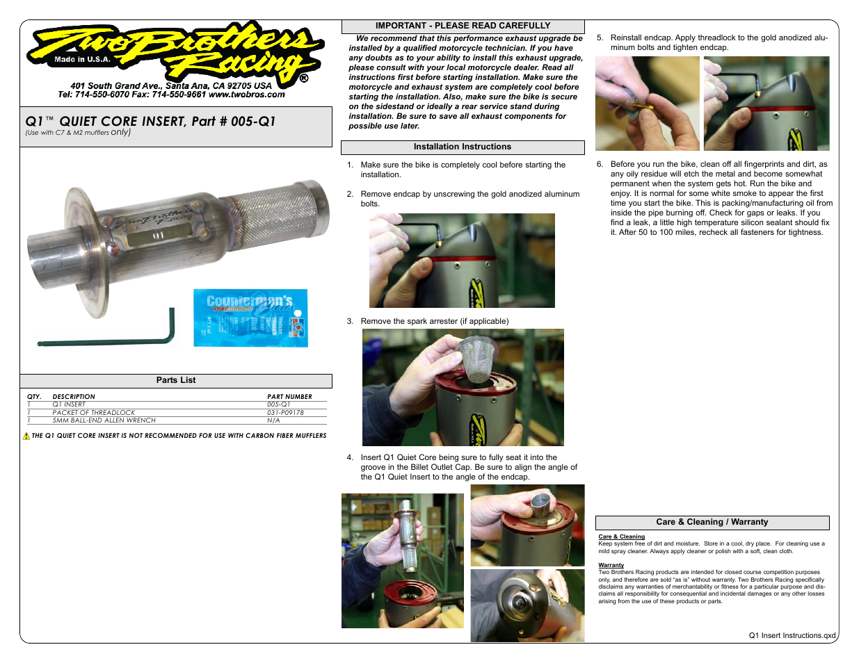 Two Brothers Racing Q1 User Manual | 1 page