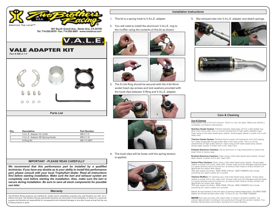 Two Brothers Racing VALE Adaptor User Manual | 1 page