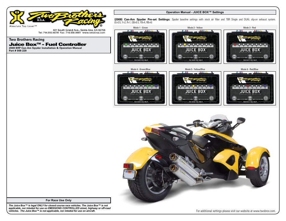 Juice box™ - fuel controller | Two Brothers Racing Can-Am Spyder Spyder User Manual | Page 3 / 3