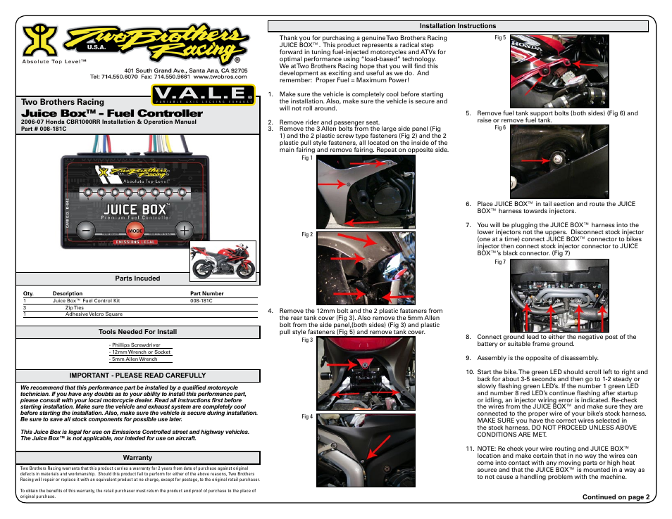 Two Brothers Racing Honda CBR1000RR - CA Emissions Legal User Manual | 3 pages