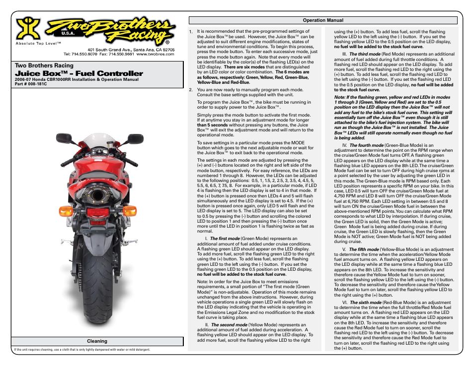 Juice box™ - fuel controller | Two Brothers Racing Honda CBR1000RR - CA Emissions Legal User Manual | Page 2 / 3