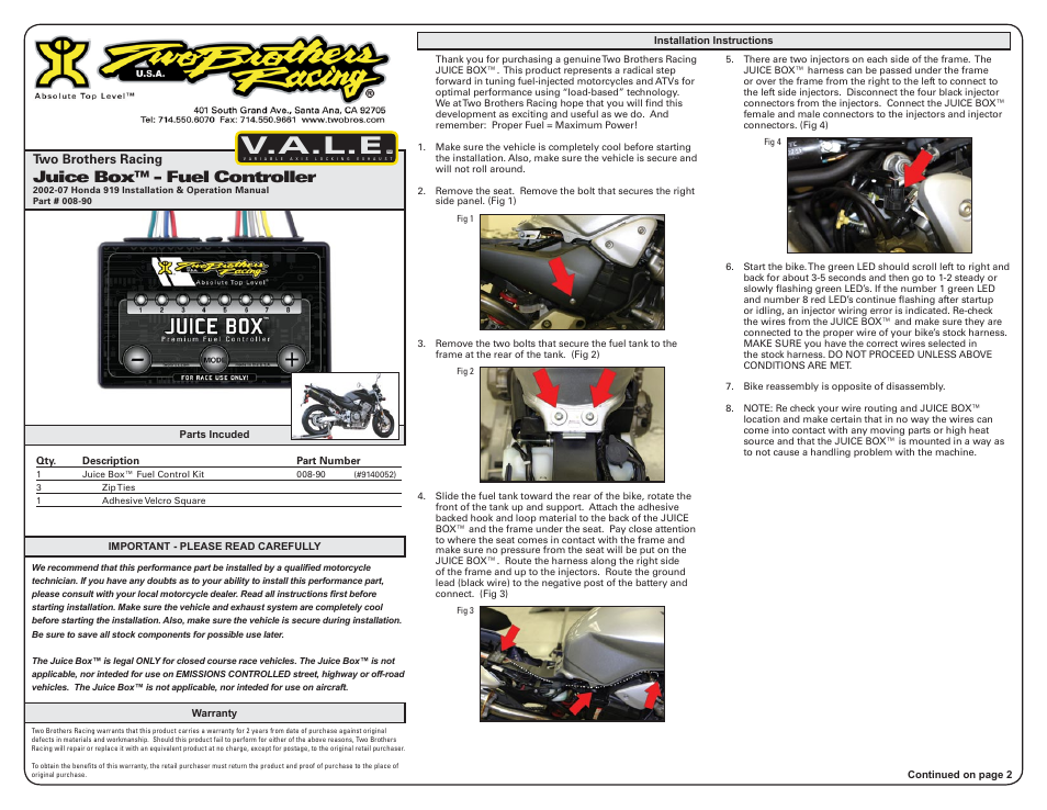 Two Brothers Racing Honda 919 User Manual | 3 pages