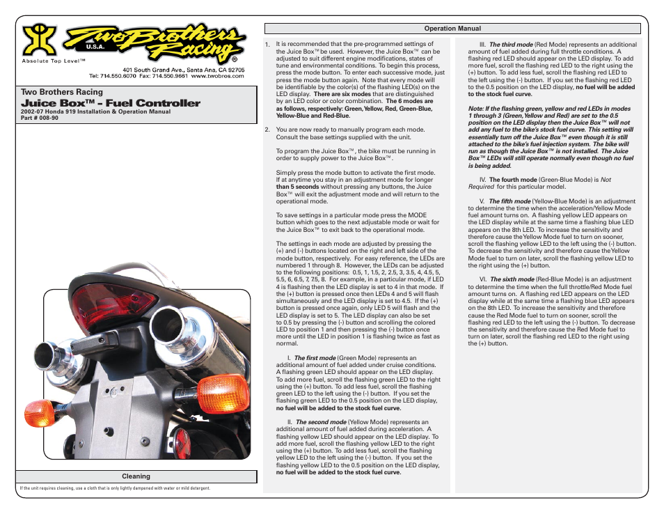 Juice box™ - fuel controller | Two Brothers Racing Honda 919 User Manual | Page 2 / 3