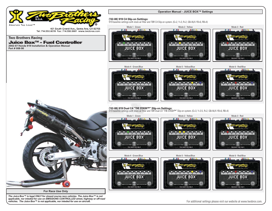 Juice box™ - fuel controller, Two brothers racing | Two Brothers Racing Honda 919 User Manual | Page 3 / 3