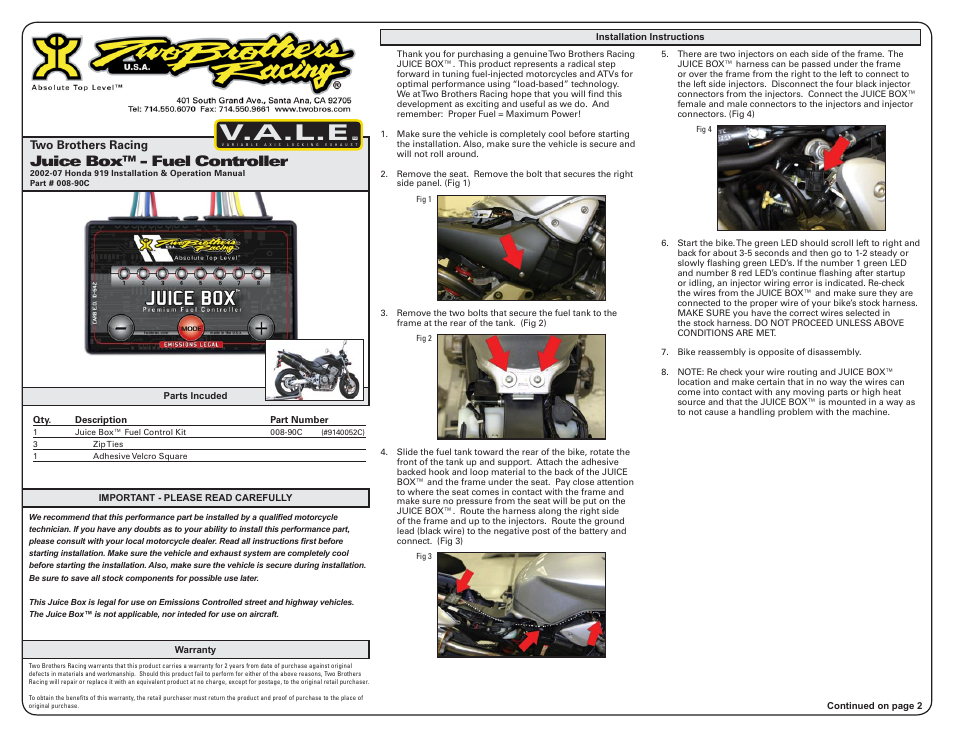 Two Brothers Racing Honda 919 - CA Emissions Legal User Manual | 3 pages